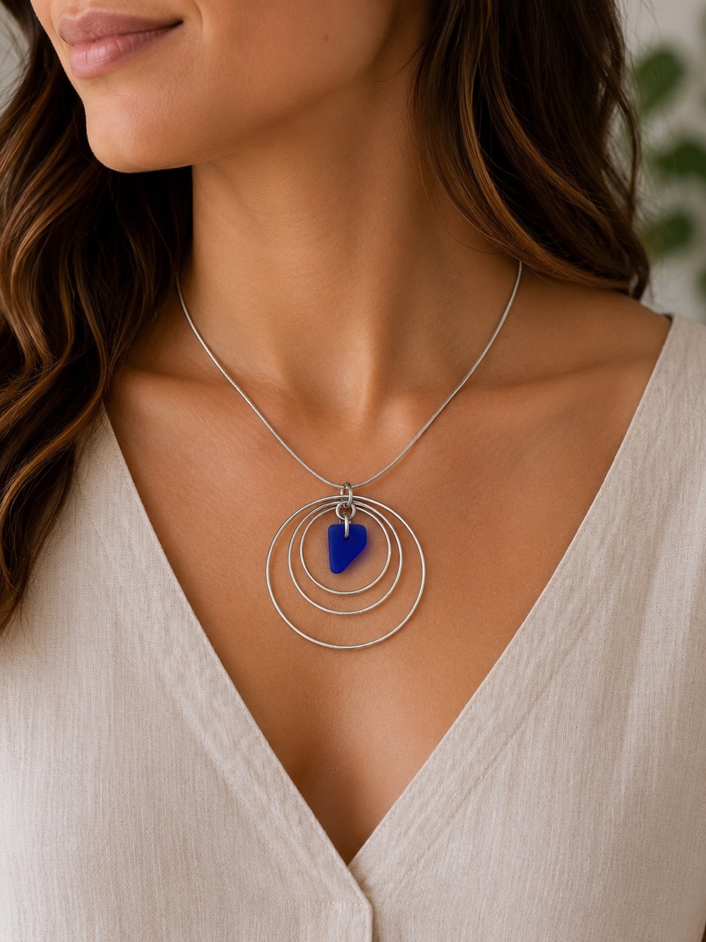 Sterling Silver 925 Italy Modernist Circle Necklace Cobalt Sea Glass Pendant